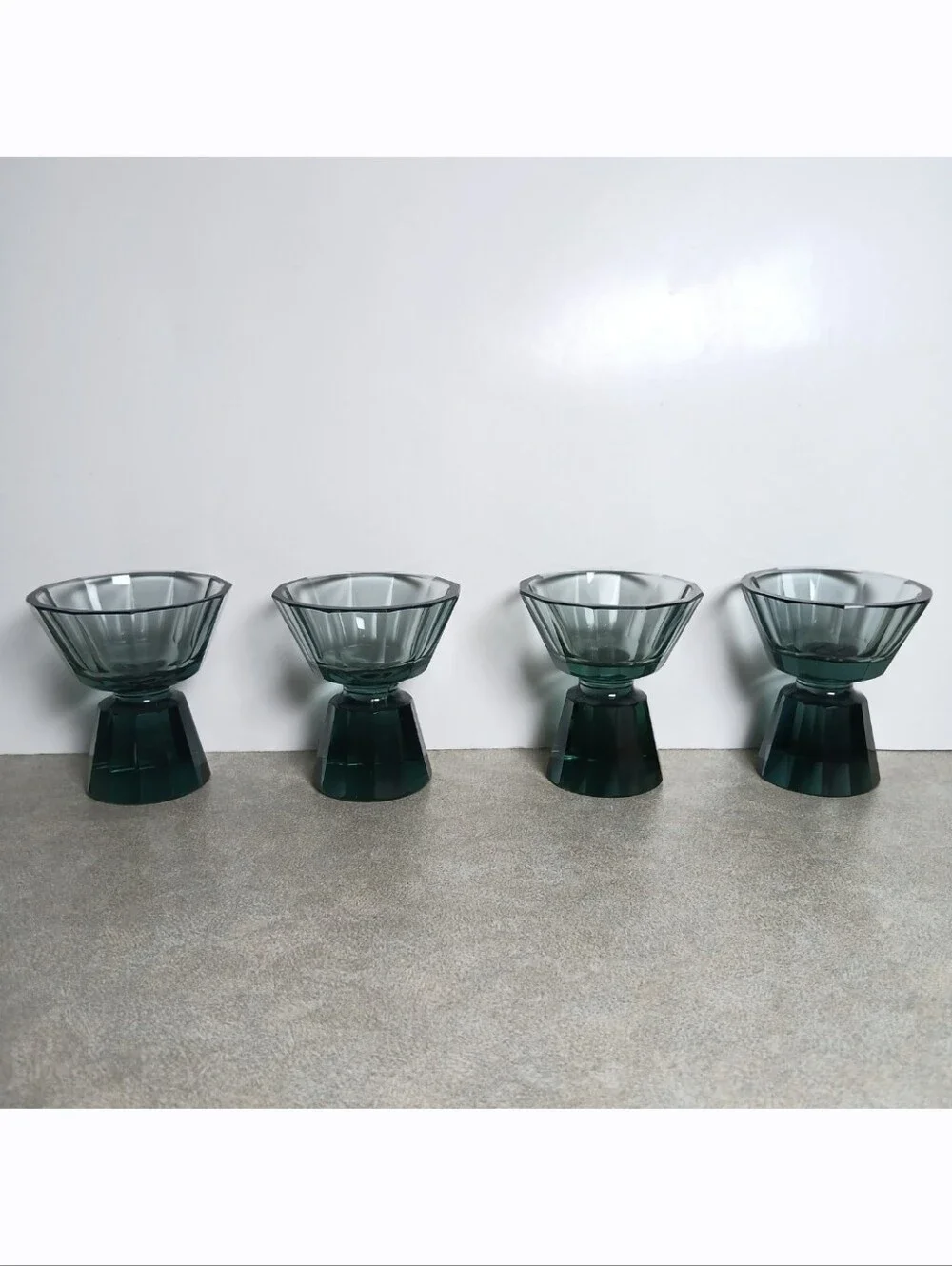 Antique Art Deco Bohemian Smokey Green Glass Geometric Decanter Bottle Cup Set